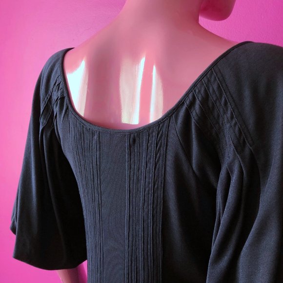 Max Azria 00s S Midi Dress Navy Blue Jersey Pin Tuck Woven Ribbon Drawstring Hem - Picture 9 of 13